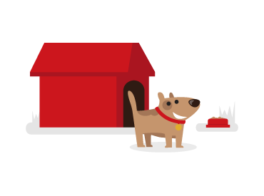 A dog outside a red kennel covered by pet insurance from Compare Insurance Ireland