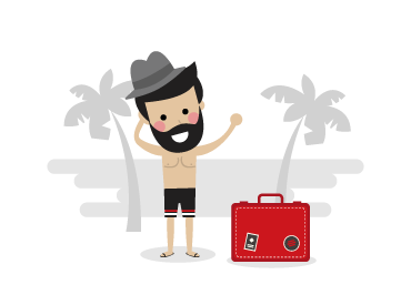 A man standing on the beach with a red suitcase searching for travel insurance quotes.