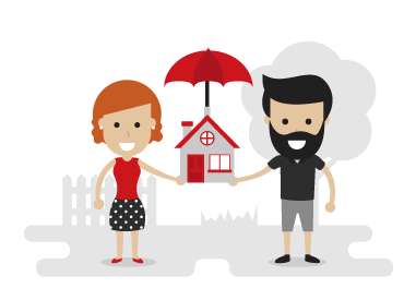 Couple holding a house with a red umbrella searching for mortgage protection insurance quotes.